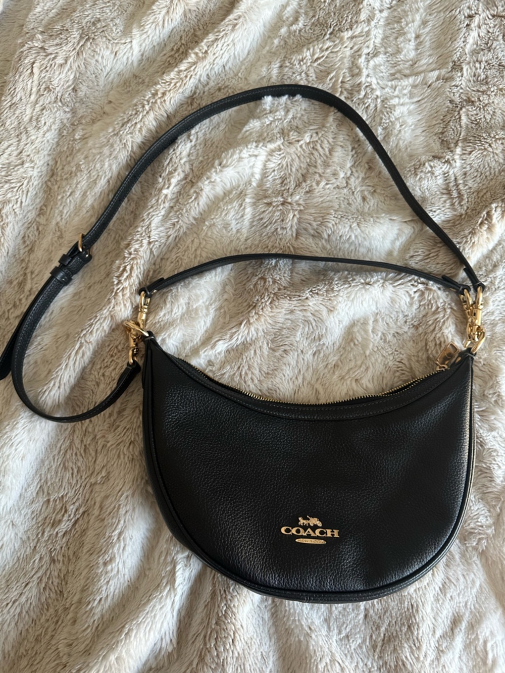 Coach Black Pebbled Leather Crescent Crossbody with Gold Hardware